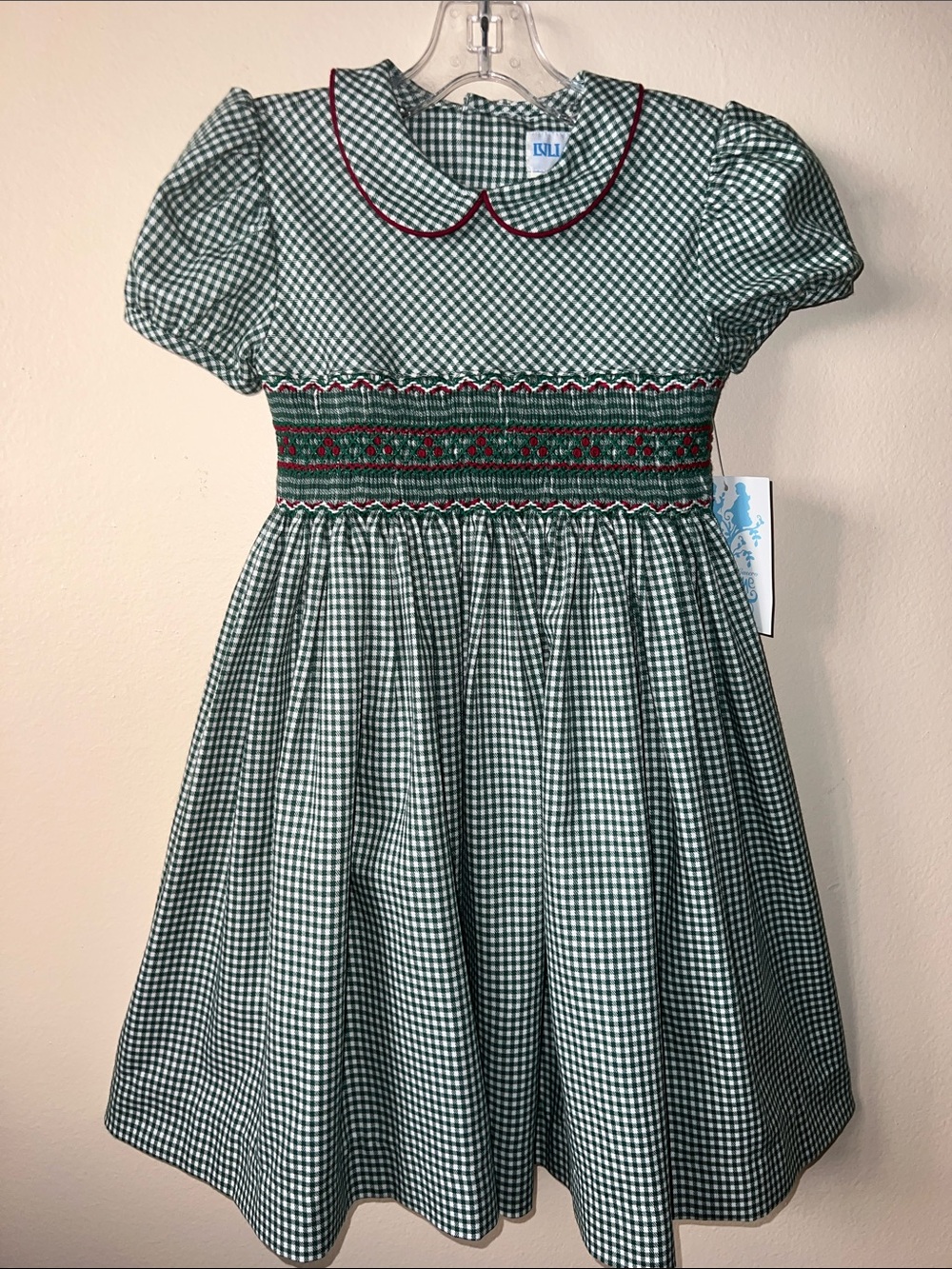 Luli & Me Green Gingham Smicked Dress with Red Trim NWT